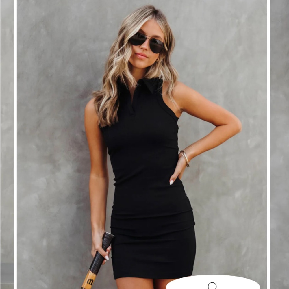 VICI Polo Fields Ribbed Collared Mini Dress in Black size L